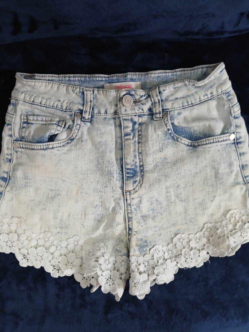 Refuge Light Blue Acid-Wash Lace Trim Women’s Shorts